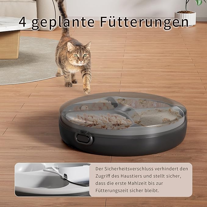 Automatic Cat Feeder Wet Food, Whisker-Friendly Automatic Cat Food Dispenser True 4-Meal Design with Locking Lid, Smart Timer Feeder for Wet Cat/Dog ，2-Ice Packs, Easy to Clean (Black)