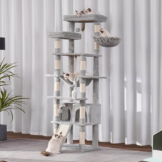 Heybly Tall Cat Tree, 78-inch Multi-Level Cat Tower for Indoor Cats, 2 Widened Plush Perches Cat Condo with Scratching Board and Big Caves, Light Gray HCT033W