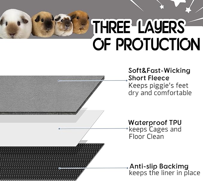 Guinea Pig Cage Liner, 2 Pack - Washable, Reusable, Leakproof Fleece Bedding Pads for Small Animals with Anti-Slip Bottom - for C&C 2X4 Area, Gray