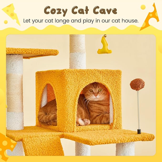 MWPO Cat Tree, 63.8-Inch Cat Tower for Indoor Cats, Multi-Level Cat Condo with 5 Scratching Posts, 2 Perches, Hammock, Dangling Toys, Yellow