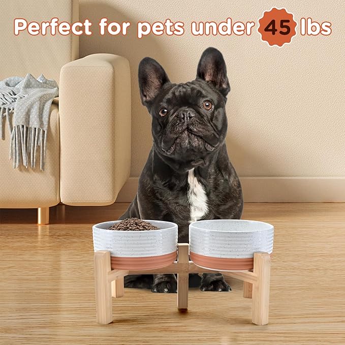 SPUNKYJUNKY Elevated Dog Bowls Ceramic, 6.1'' Dogs and Cat Food Water Bowls Raised with Non-Slip Bamboo Stand for Medium Sized Breed Microwave Dishwasher Safe - 28.7 OZ,Pattern White