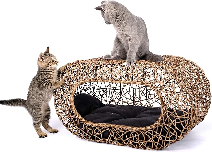 Fun Stackable Cat Condo for Indoor Cats - Interactive Play Faux Rattan Cat House for Indoor Cats Kitty, Pet Friendly Top/Side House Entry, Cat Bed Enclosed