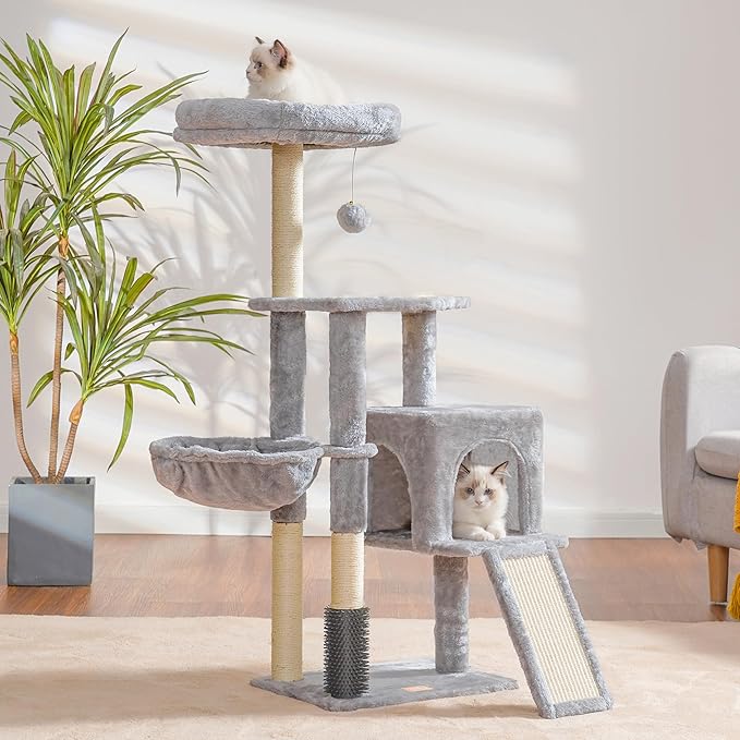 Heybly Cat Tree with Cat Self Groomer Brush, Cat Tower Condo for Indoor Cats with Padded Plush Perch, Cat House with Basket Scratching Board Post, Light Gray HCT005SW