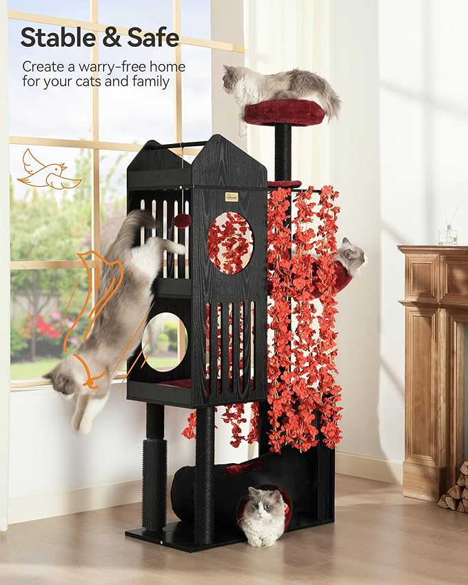 FourFurPets Gothic Cat Tree, 67" Cat Tower for Indoor Cats, Maine Coon Cat Tree for Large Cats 20 lbs+ with Extra-Large Padded Platform, Sisal-Covered Scratching Posts, Comfy Basket, Black & Red