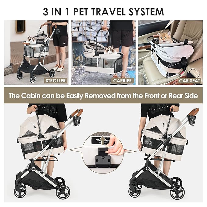 T3 Pro 3-in-1 Small Pet Stroller for Dog & Cats, 4 Wheels with Detachable Carrier with Pad, Canopy and Cup Holder, Beige & Net Wall
