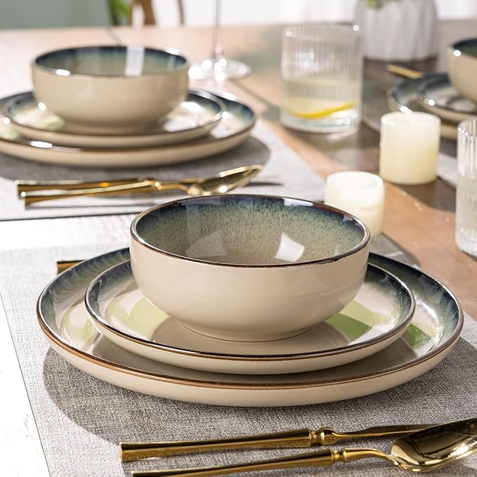 GBHOME Ceramic Dinnerware Sets for 4, 12 Pieces Stoneware Plates and Bowls Sets, Scratch Resistant Dishes, Dishwasher & Microwave Safe, Reactive Glaze-Gravel