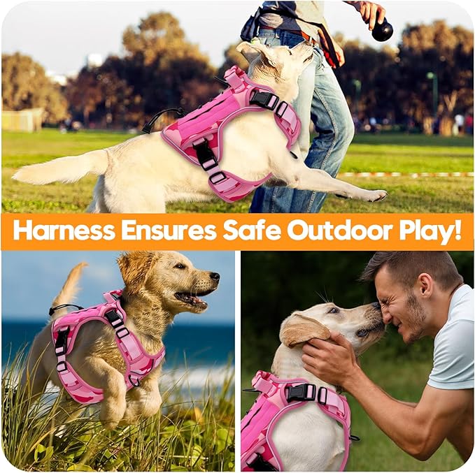 Heavy-Duty Tactical Dog Harness for Large Dogs, No Pull Adjustable Reflective Pet Vest with Molle System, K9 Military-Grade Control for Service Training, Outdoor & 10+ Breeds, Pink Camo, Large