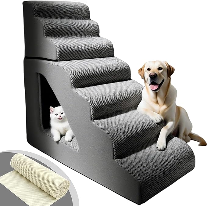 7 Step Pet Stairs Ramp for High Beds Sofas 22-42 Inch, Non-Slip Dog Stairs for Small Old Medium Large XL Dogs Cats, Sturdy 75 Pounds 33D Foam Balanced 6-Tier Ladder with Machine Washable Cover
