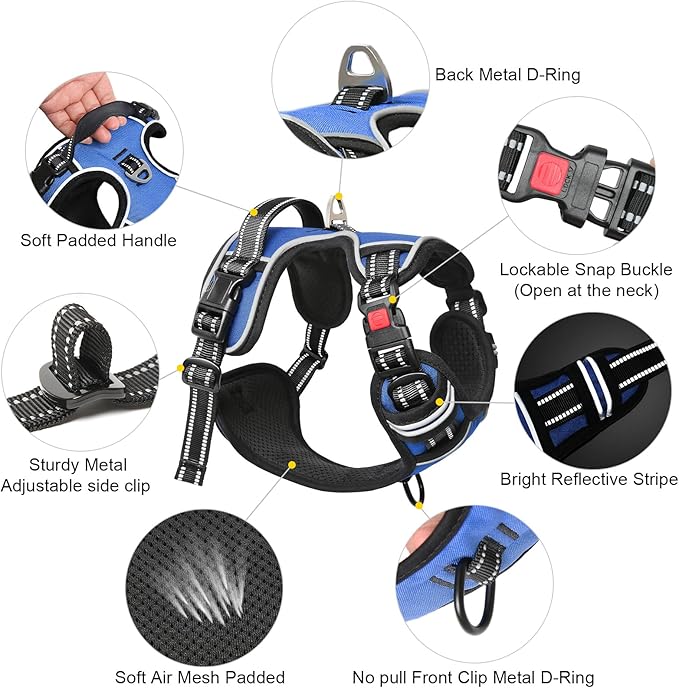 Timos Dog Harness for Large Dogs, No Pull Service Vest with Reflective Strips and Control Handle,No Choke Dog Harness with 2 Metal Rings for Easy Walking,Outdoor Training,Blue, L
