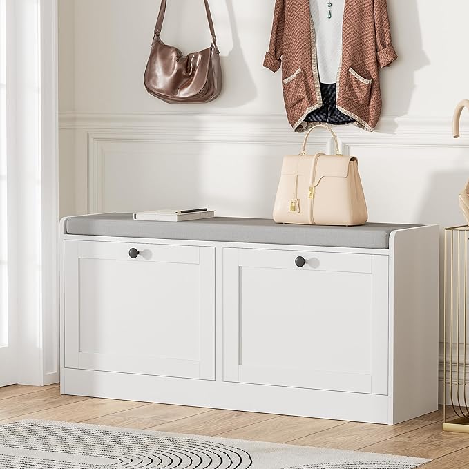 MHOM White Entryway Bench with 2 Flip Drawers, Shoe Bench with Padded Seat Cushion, Wooden Shoe Storage Bench for Entryway and Apartment