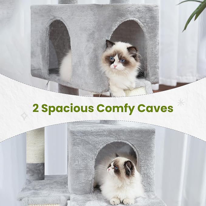 Cat Tree for Indoor Cats, 71'' (180cm) Multi-Level Cat Tower for Large Adult, Sturdy Cat Tree House with 2 Scratching Boards 7 Posts, 2 Plush Perches/Condos, Hammock, Light Gray GCT032W