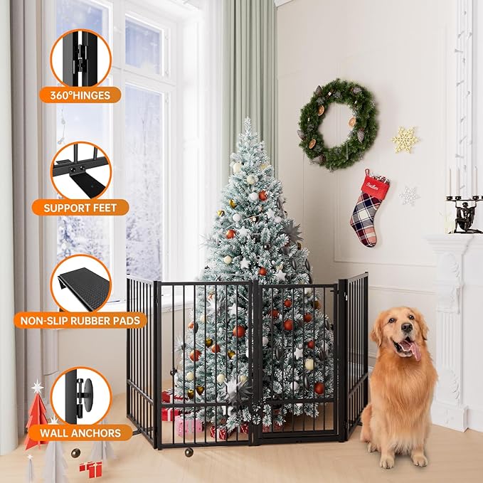 Full Metal Freestanding Dog Gate with Door, 36''Height Foldable Pet Dog Fence for Indoor & Outdoor, 4 Panels Extra Wide Free Standing TallDog Gates for Doorways,House,Stairs,Porch,Deck,Yard