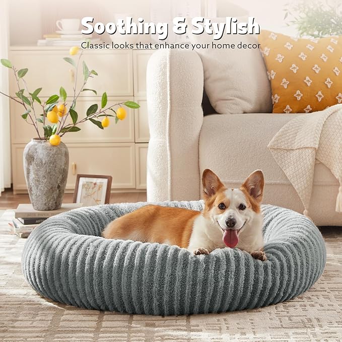 MIXJOY Calming Dog Bed Medium Size, Donut Dog Beds Medium Sized Dogs, Fluffy Plush Faux Fur Round Dog Cat Cuddler with Removable Washable Cover, 30"x30"x8", Grey