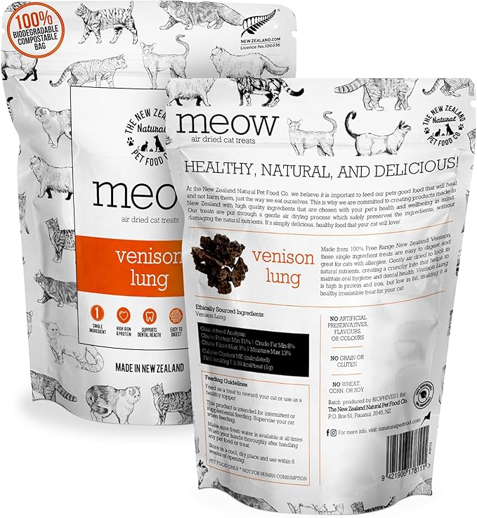 Meow Air Dried Cat Treats - Venison Lung, High Protein, Healthy Cat Snacks and Toppers, All Natural for All Life Stages, 1.76 oz