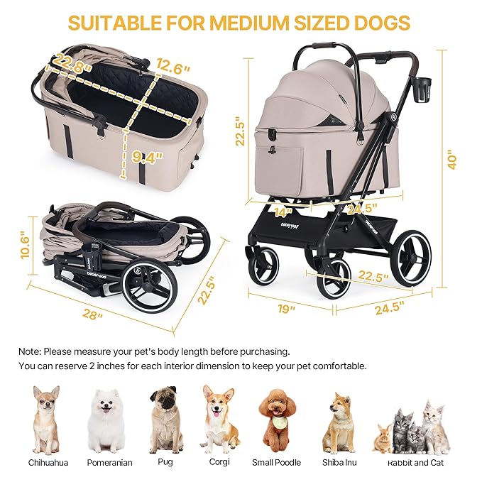 BEBEROAD X3 2 in 1 Pet Stroller for Medium or Two Small Dogs & Cats 4 Wheels Lightweight Foldable Carrier Dog Stroller with Waterproof Weather Cover Cup Holder,Storage Basket(Camel)