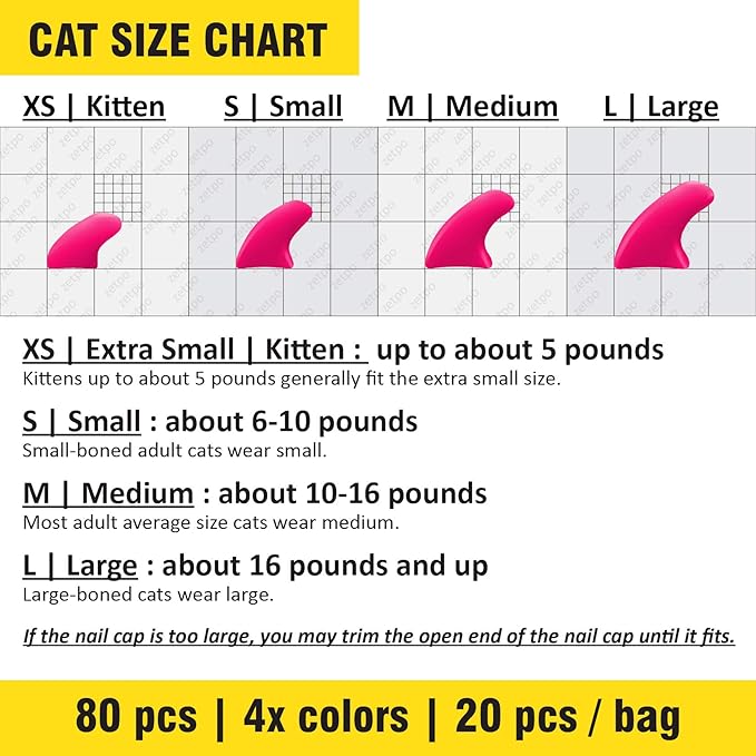 zetpo 80 pcs Cat Claw Covers | Cat Nail Caps | with Adhesives and Applicators (L, White, Black, Blue Glitter, Sky Blue)