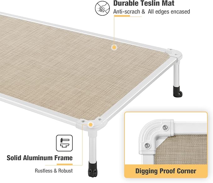 Veehoo Chew Proof Elevated Dog Bed - Cooling Raised Pet Cot - Silver Aluminum Frame and Durable Textilene Mesh Fabric, Unique Designed No-Slip Feet for Indoor or Outdoor Use, Beige Coffee, Medium