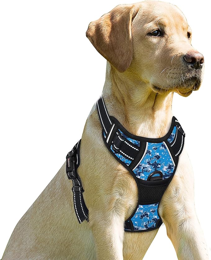 BARKBAY No Pull Dog Harness Front Clip Heavy Duty Reflective Easy Control Handle for Large Dog Walking(Blue camo,XL)