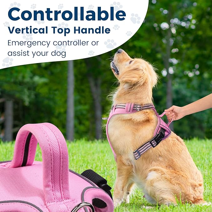 Funfox Dog Harness No Pull, Adjustable Pet Vest Harness, Super Soft Material with Vertical Handle Easy Control, Reflective Night Walking, 2 Leash Clips for Large Dogs, Pink, L
