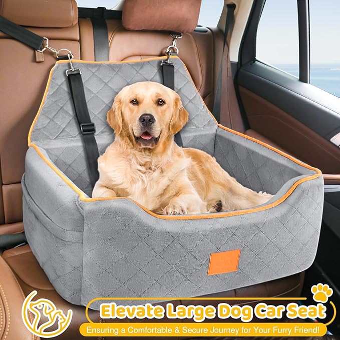 Dog Car Seat for Large/Medium Dog, Booster Seat for Dogs Under 55Lbs or 2 Small Puppy, Detachable and Washable Travel Pet Bed with Thick Cushion and Storage Pockets (Gray)