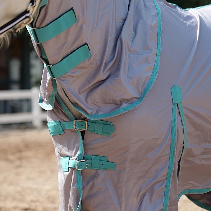 Horse Fly Sheet with Detachable Neck Cover & Belly Wrap, Adjustable Fly Sheet for Horses, Ventilated Airflow Mesh Equine Cooling Summer Flysheet Grey 78