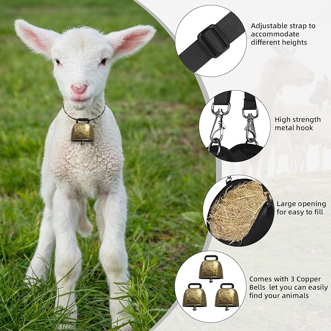3 PCS Goat Hay Feeder,Hay Bags for Horses,Goats,Donkeys with Reinforced Oxford Fabric and High Strength Metal Clasp,Horse Feeding Supplies with Adjustable Strap for Easy Hanging (3Black)