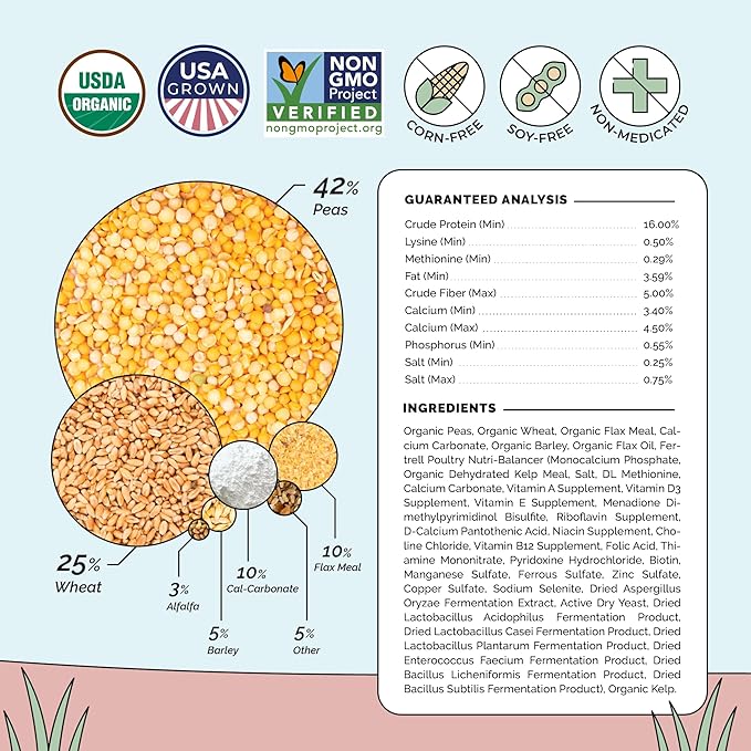 Organic Chicken Feed – Layer Whole Grain, Non-GMO, USA Grown, 16% Protein, Corn-Free, Soy-Free, Non-Medicated Feed for Chickens, 2 lb Sample