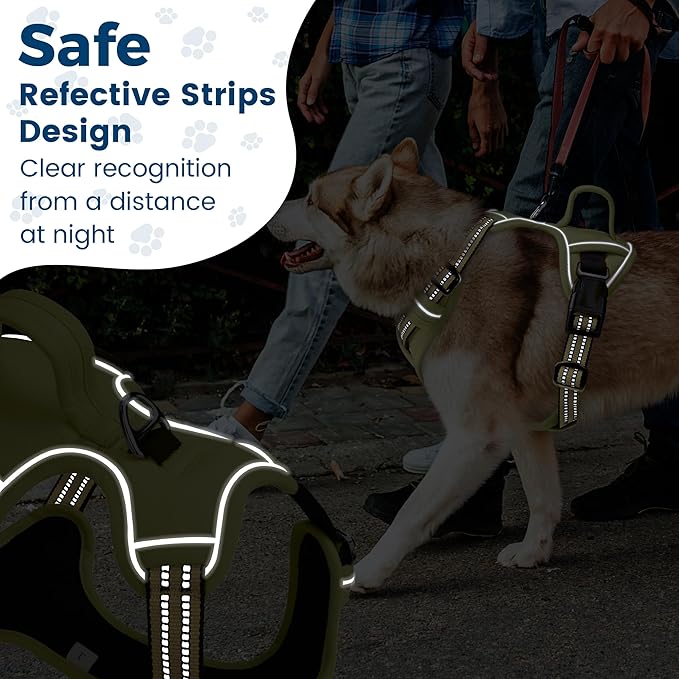 Funfox Dog Harness No Pull, Adjustable Pet Vest Harness, Super Soft Material with Vertical Handle Easy Control, Reflective Night Walking, 2 Leash Clips for XLarge Dogs, Army Green, XL