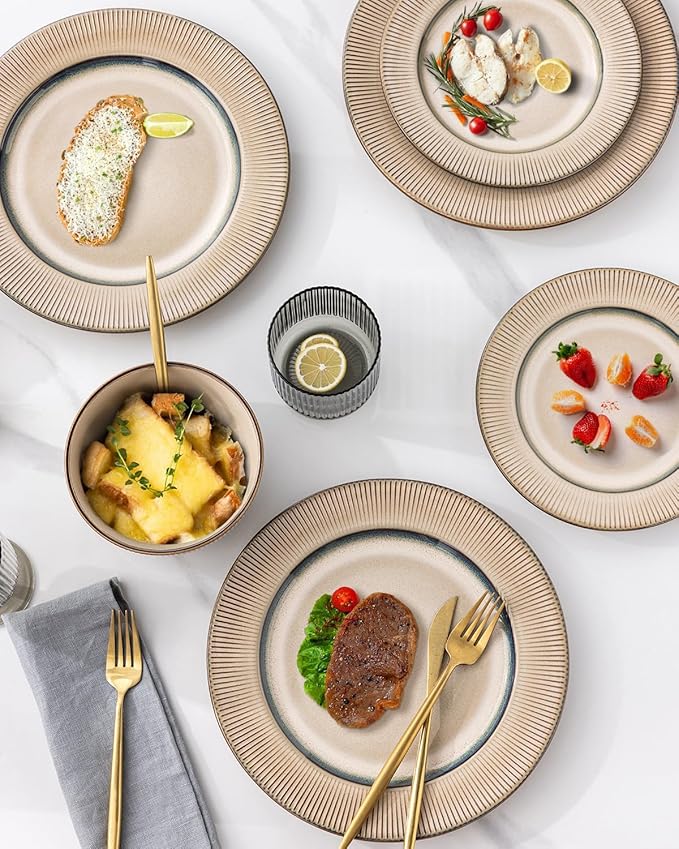 GBHOME Ceramic Dinnerware Sets,12 pcs Embossed Elegant Stoneware Plates and Bowls Sets, Housewarming Wedding Gift | Dishwasher & Microwave Safe | Dishes Set Service for 4