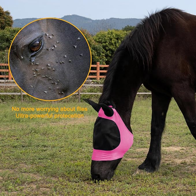 2 Piece Horse Fly Mask with Ears, Comfortable Fit Stretch Fabric Big Eye Space Soft Breathable with UV Protection for Full Horses (Blue-Pink)
