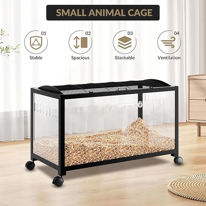 Large Metal Hamster Enclosure Rat Cage with 360 Viewing Acrylic Sides, Ventilated Front Door & Openable Top, Portable Hamster Tank for Guinea Pig, Chinchilla, Gerbil, 37.8''Lx18.5''Wx20''H Black