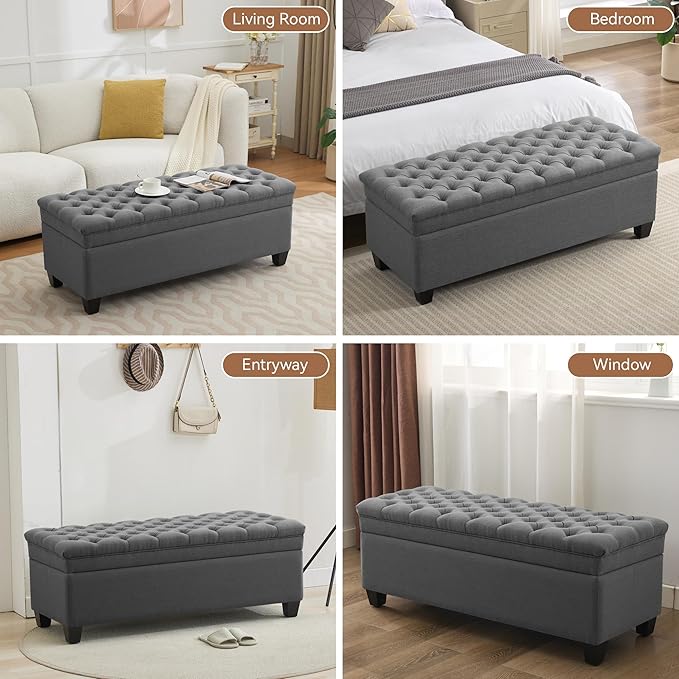 51" Fabric Storage Ottoman Bench, Upholstered Rectangle End of Bed Storage Ottoman Tufted Living Room Bedroom Bench with Safety Hinge, Solid Wood Legs, Loads 500 lb(Dark Grey)
