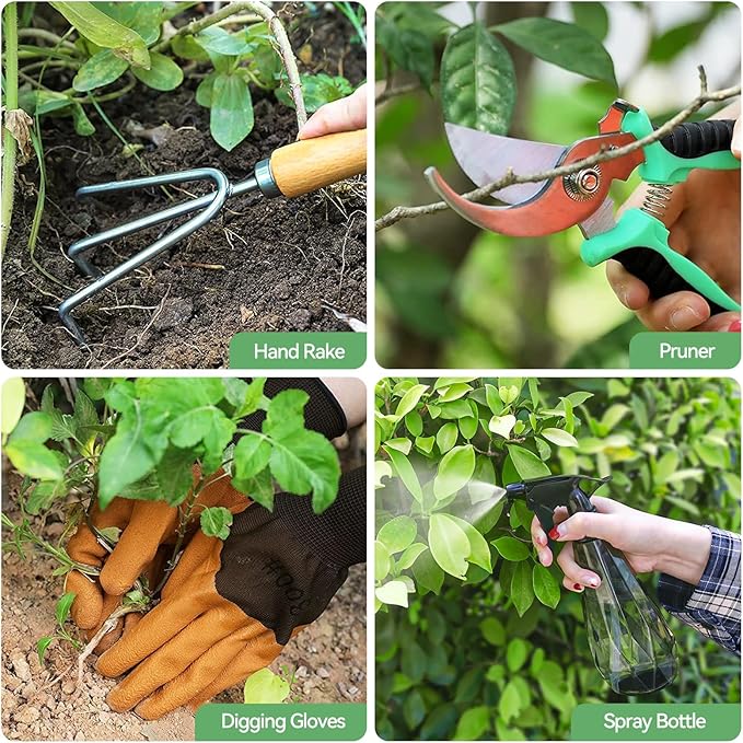 Garden Tools 9-Piece Heavy Duty Gardening Hand Tools with Fashion and Durable Garden Tools Organizer Handbag, Rust-Proof Garden Tools Set, Ideal Gardening Gifts for Women (Black Red)