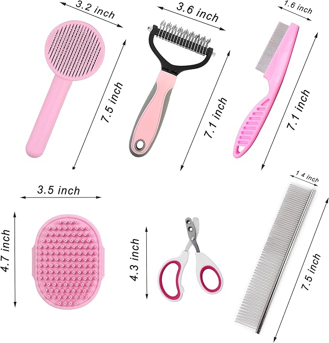 Cat Grooming Brush Kit 6 Tools - Deshedding & Dematting for Long/Short Hair, Self-Cleaning Slicker Brush with 6-in-1 Flea Comb for Cats & Kittens (Pink)