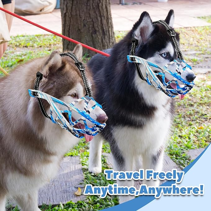 Dog Muzzle for Large Dogs, Medium and X-Large Aggressive Dog, Breathable Basket Muzzles, Suitable for Grooming Trimming Training, Allows Panting Drinking (Camouflage Blue, L)