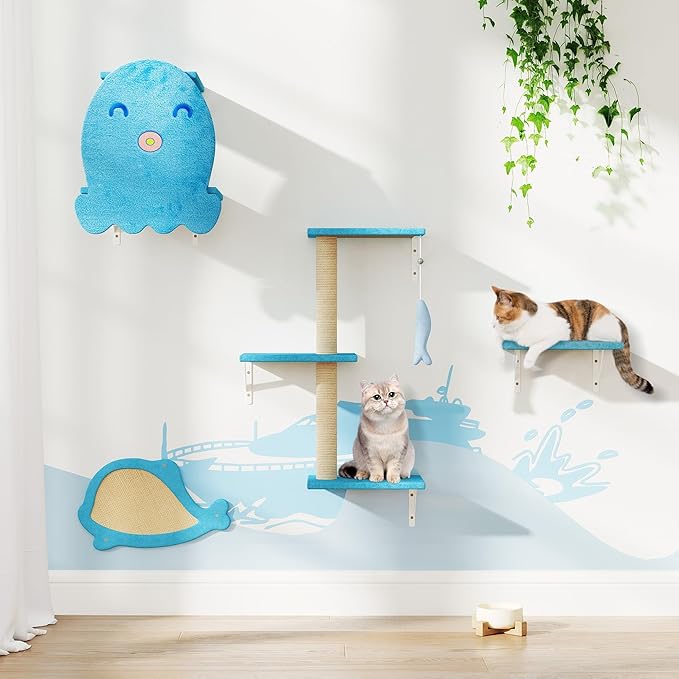 COZIWOW 4-Piece Wall-Mounted Cat Tree Set – Sturdy Wood Pet House, Scratching Board, Platforms, Sisal Posts & Blue Fish Charm – Ocean Blue
