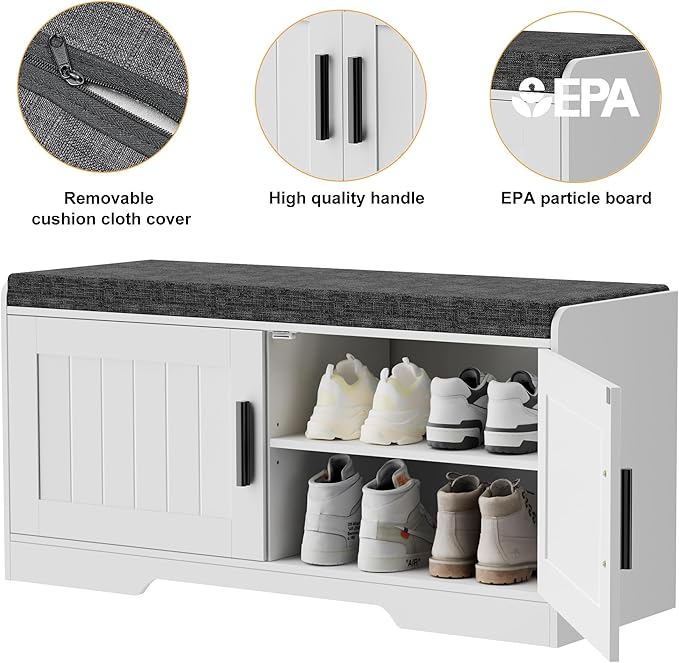 2-Tier Storage Bench, Shoe Bench with Thickened Padded Seat Cushion, Entryway Bench with 2 Doors, Adjustable Shelf, 13.8" D x 37.4" W x 18.5" H, for Entryway, Living Room, Bedroom, White