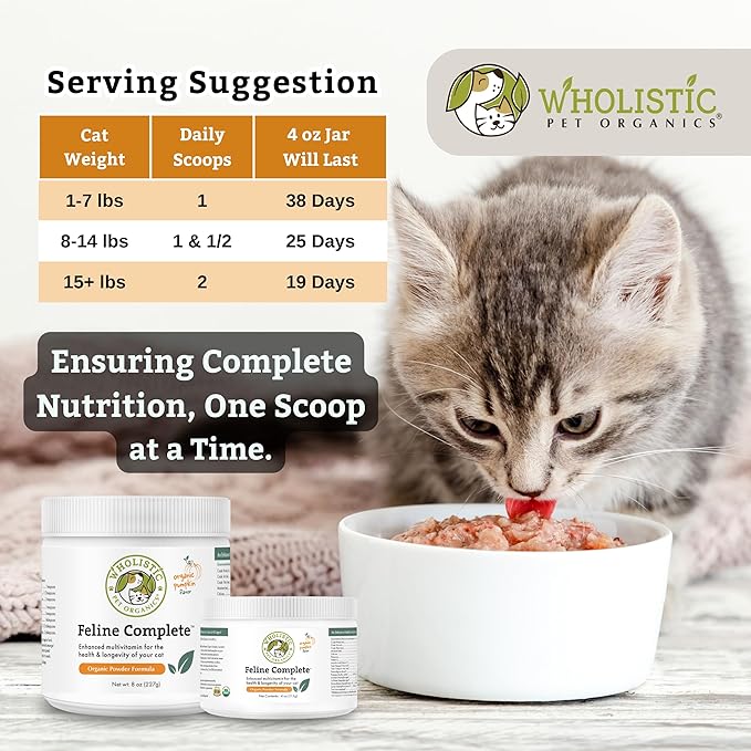 Wholistic Pet Organics Feline Complete Organic Pumpkin - 4 Oz - Multivitamin & Probiotic Powder for Cats - Natural Cat Food & Digestive Support