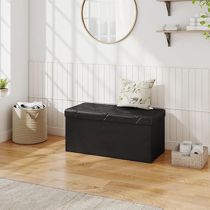 Sweetcrispy 30 Inches Folding Ottoman with Storage Bench, Foot Rest Stool, End of Bed Storage Bench Upholstered, Load 660 lbs, for Living Room, Lychee Grain Leather, Black