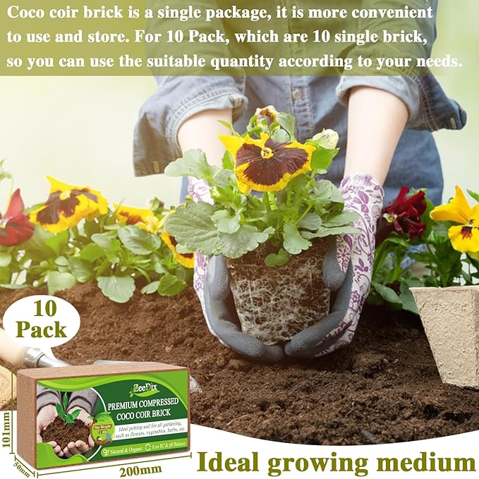 ZeeDix 10 Pack Premium Coco Coir Brick, Organic Compressed Coconut Coir Bricks Seed Starter Potting Soil for Plants, Coconut Fiber Substrate with Low EC & pH Balance for Gardening Flower Herbs