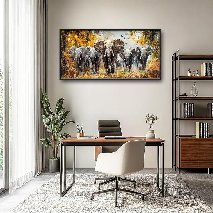 Extra Large Elephant Framed Wall Art for Living Room,Oversized Elephants Wild Animal Pictures Wall Decor,Forest Landscape Canvas Print Painting Modern Artwork Bedroom Office Bathroom 60L" x 30W"