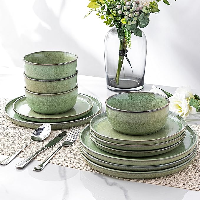 GBHOME Ceramic Dinnerware Sets for 6, 18 Pieces Stoneware Plates and Bowls Sets, Scratch Resistant Dishes, Dishwasher & Microwave Safe-Pastel Green