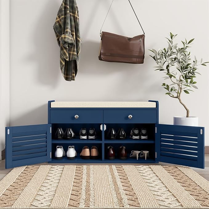 Shoe Storage Bench with 2 Drawers & 2 Doors, Entryway Bench with Cushion, 2 Adjustable Shelves, Shoe Cabinet for Entryway, Living Room, Hallway, Mudroom, Bedroom, Blue