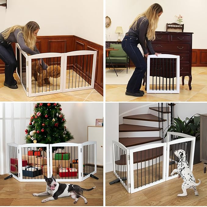 Freestanding Panel Gate for Indoor Doorways, Stairs, or Hallways, Foldable Wooden Gate for Dogs, Support Feet Included, 24" Height - 2 Panels, White