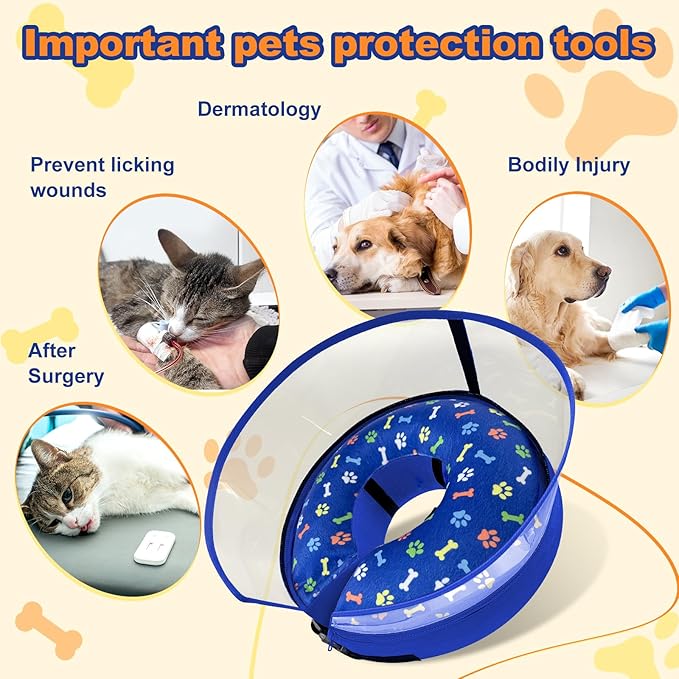 Dog Cone Collar with Enhanced Anti-Licking, Inflatable Dog Cone After Surgery, Adjustable Size with Soft Padding for Small Medium Large Dogs - Blue/L