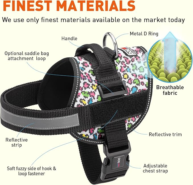 Dogline Dog Harness, Reflective No-Pull Adjustable Vest with Handle for Walking, Training, Breathable, No - Choke Harness for Small, Medium or Large Dogs Room for Patches Leopard Rainbow XL 33"-46"