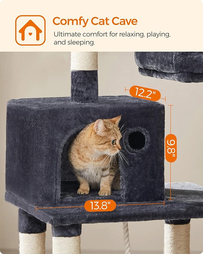 FEANDREA Cat Tree, Cat Tower for Indoor Cats, 56.3-Inch Cat Condo with Scratching Posts, Hammock, Plush Perch, Smoky Gray UPCT15GYZ