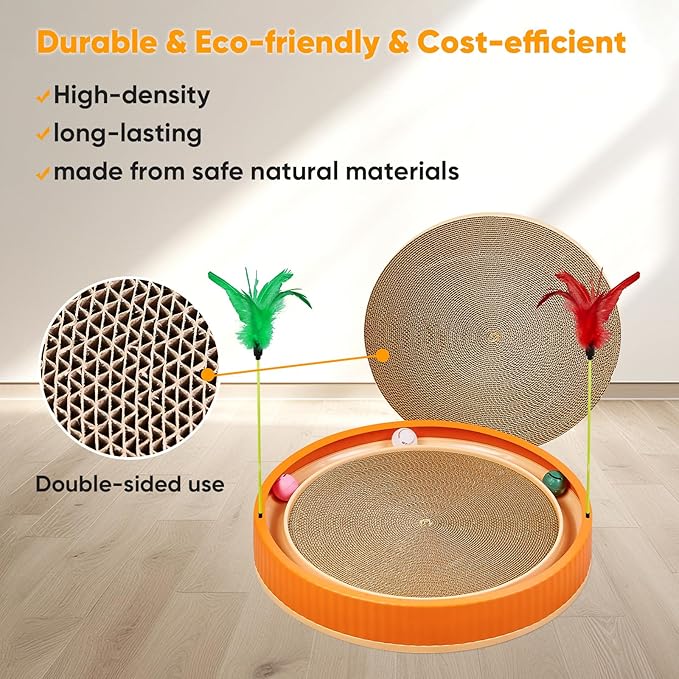 20-Inch Round Cat Scratcher with Ball Track – 3-in-1 Cardboard Cat Scratching Pad with Feather Toys, Non-Slip Base – Interactive Cat Toy for Indoor Cats, Kitten Scratch Play Lounge Board (Orange)