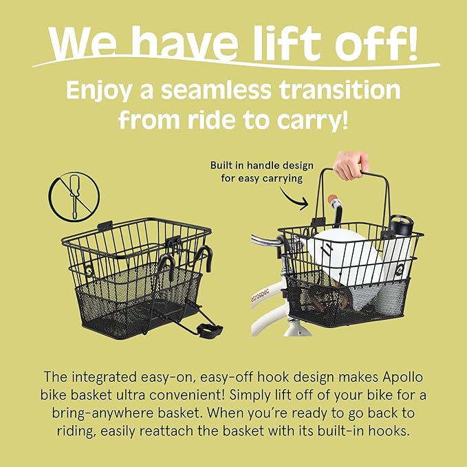 Retrospec Apollo Detachable Front Bike Basket Steel Half-Mesh with Integrated Detachable Hooks and Built-In Handle, Easy Assembly and Portability for Bicycles