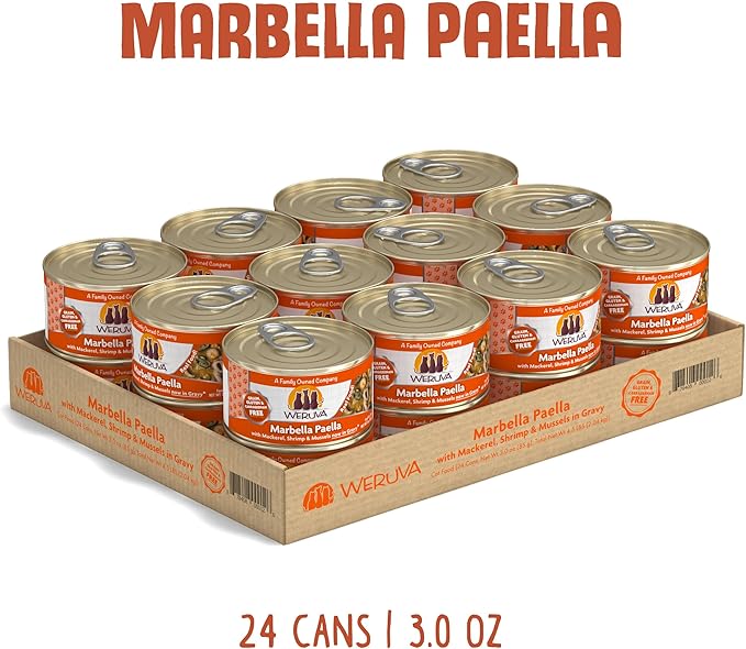 Weruva Classic Cat Food, Marbella Paella with Mackerel, Shrimp, & Mussels in Gravy, 3oz Can (Pack of 24)